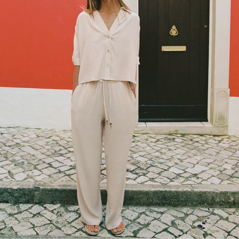 Zara Women's Beige Straight Leg Pants & Shirt Set